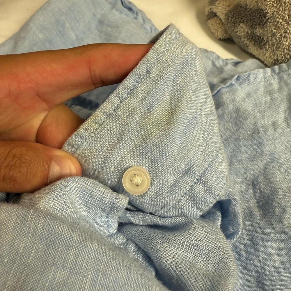 UNIQLO 100% Linen Light Blue Button Down Long Sleeve Shirt W/Front Pocket Sz L - Picture 8 of 8